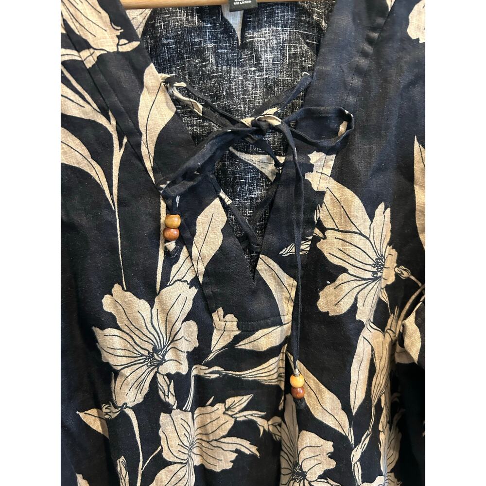 Ralph Lauren 100% Linen puff sleeve floral black beige tie front blouse top sz M - Picture 5 of 8